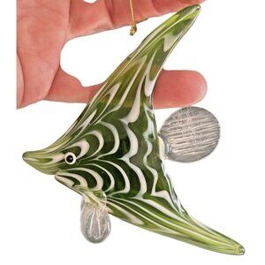 Vintage Art Glass Murano Angel Fish Ornament Green White 3"